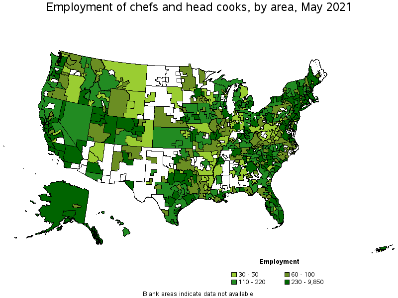 Map of employment of chefs and head cooks by area, May 2021