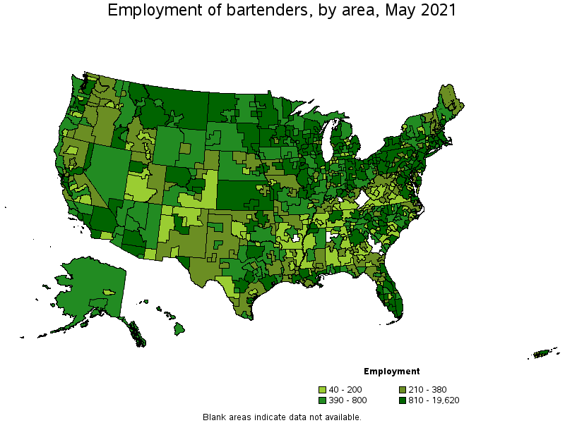 Map of employment of bartenders by area, May 2021