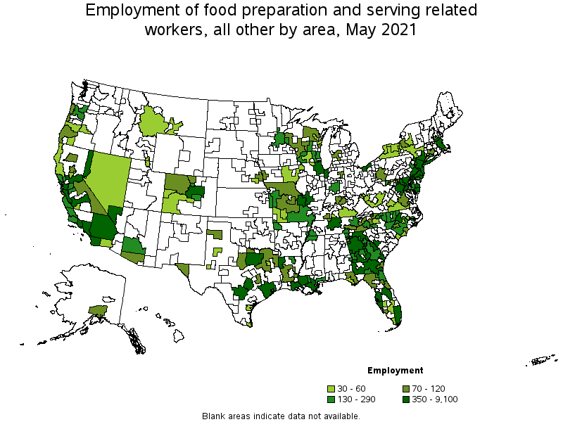 Map of employment of food preparation and serving related workers, all other by area, May 2021