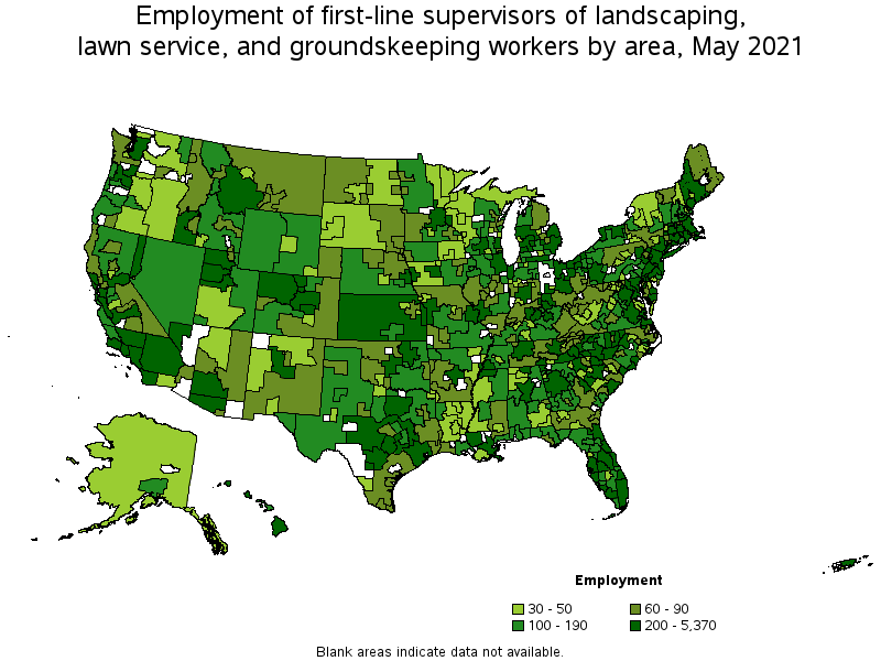 Map of employment of first-line supervisors of landscaping, lawn service, and groundskeeping workers by area, May 2021