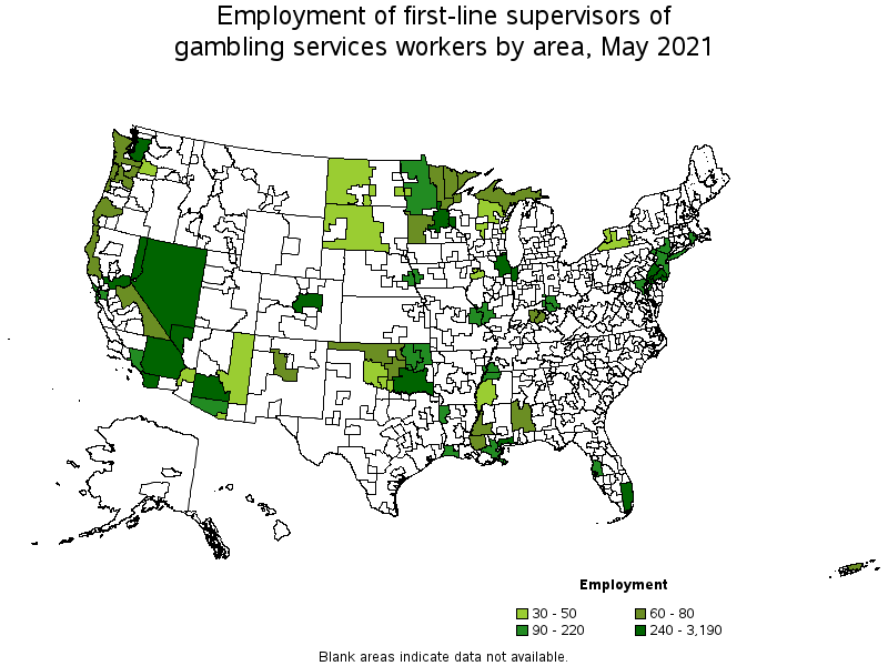 Map of employment of first-line supervisors of gambling services workers by area, May 2021