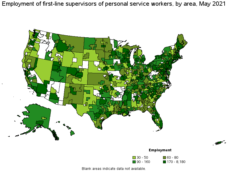 Map of employment of first-line supervisors of personal service workers by area, May 2021