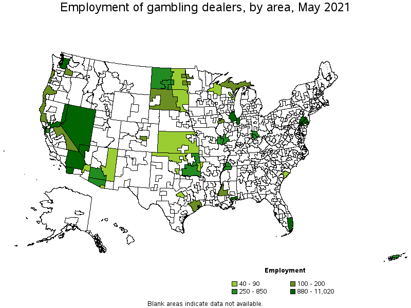 Map of employment of gambling dealers by area, May 2021