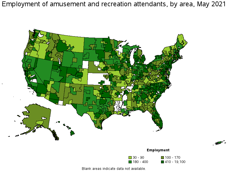 Map of employment of amusement and recreation attendants by area, May 2021