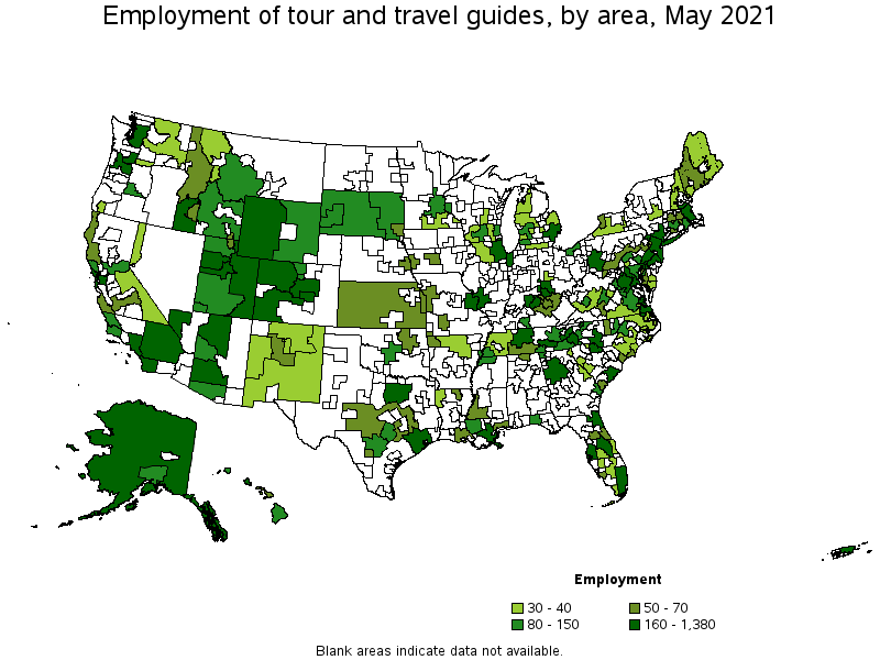 Map of employment of tour and travel guides by area, May 2021