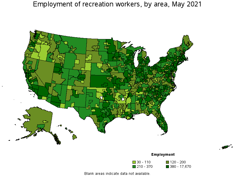 Map of employment of recreation workers by area, May 2021