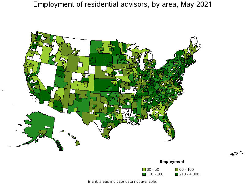Map of employment of residential advisors by area, May 2021