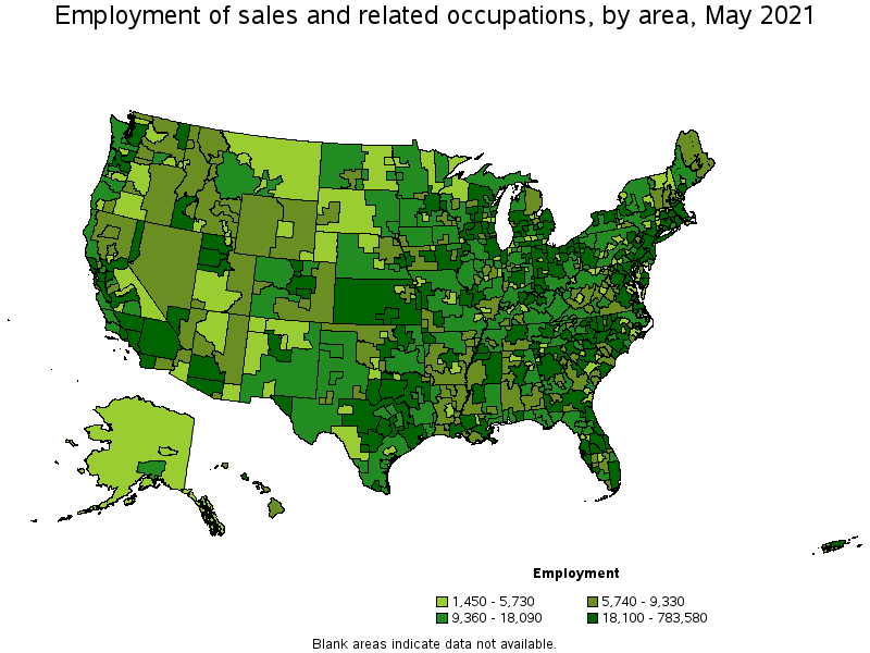 Map of employment of sales and related occupations by area, May 2021