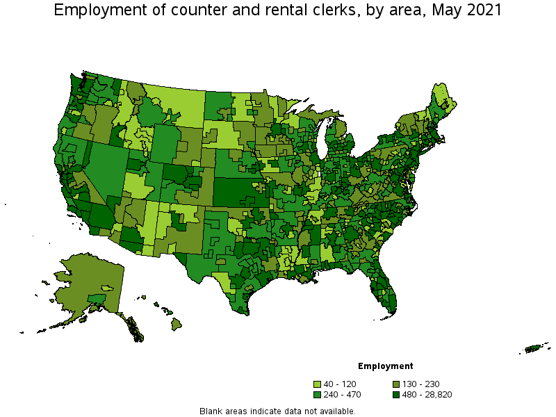 Map of employment of counter and rental clerks by area, May 2021