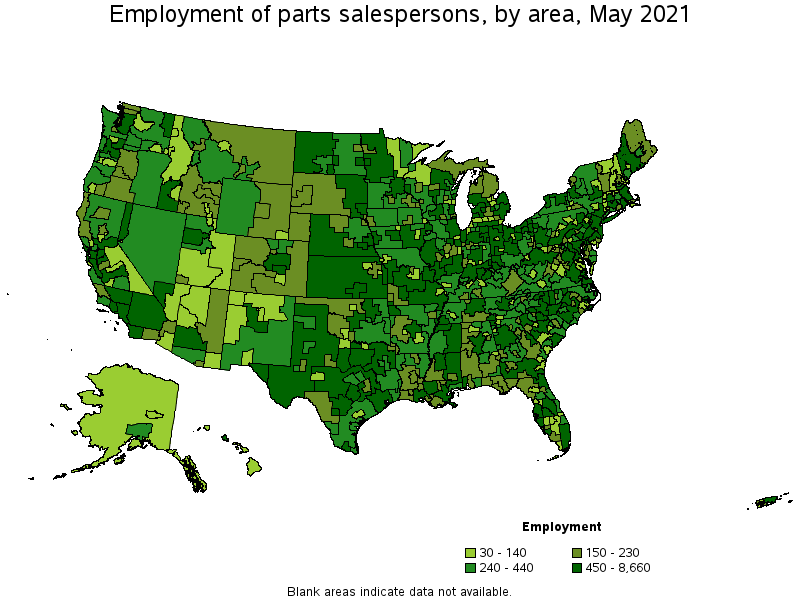 Map of employment of parts salespersons by area, May 2021