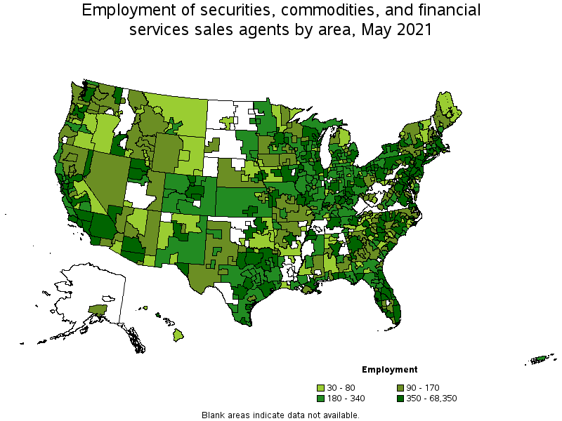 Map of employment of securities, commodities, and financial services sales agents by area, May 2021