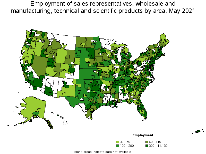 Map of employment of sales representatives, wholesale and manufacturing, technical and scientific products by area, May 2021