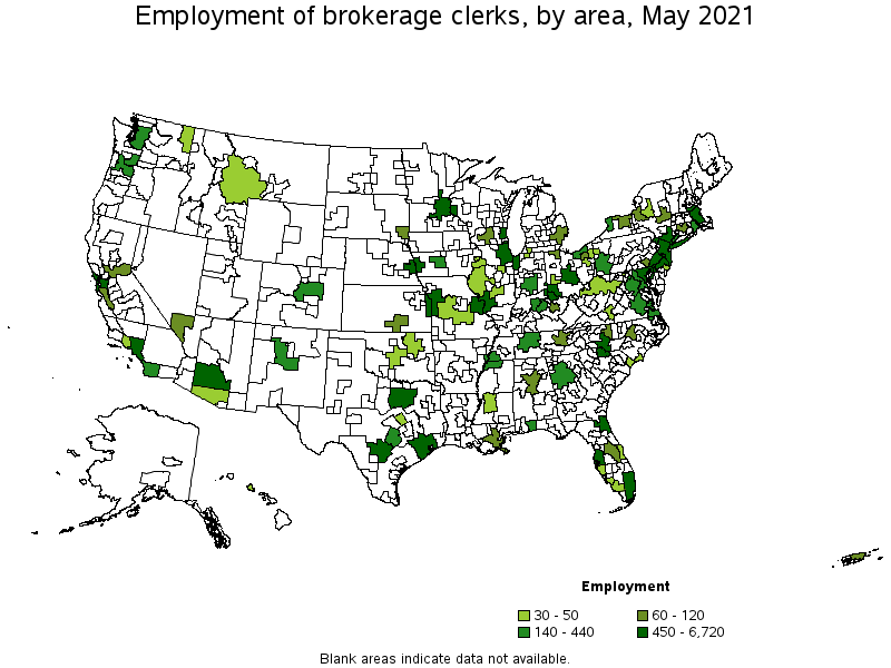 Map of employment of brokerage clerks by area, May 2021