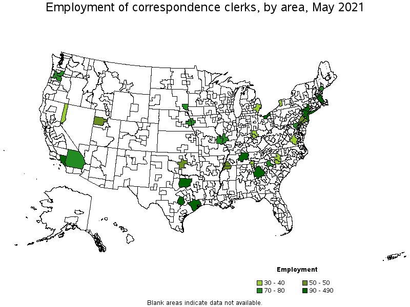 Map of employment of correspondence clerks by area, May 2021