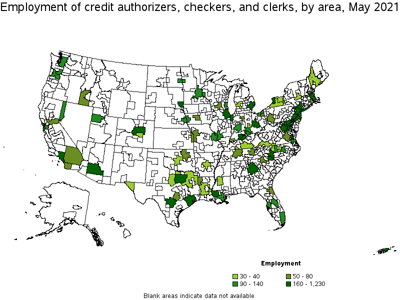 Map of employment of credit authorizers, checkers, and clerks by area, May 2021