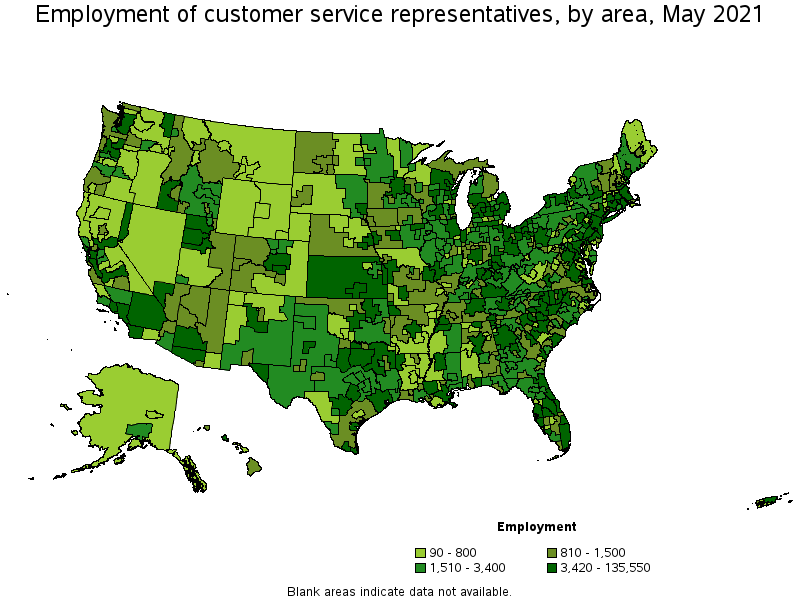 Map of employment of customer service representatives by area, May 2021