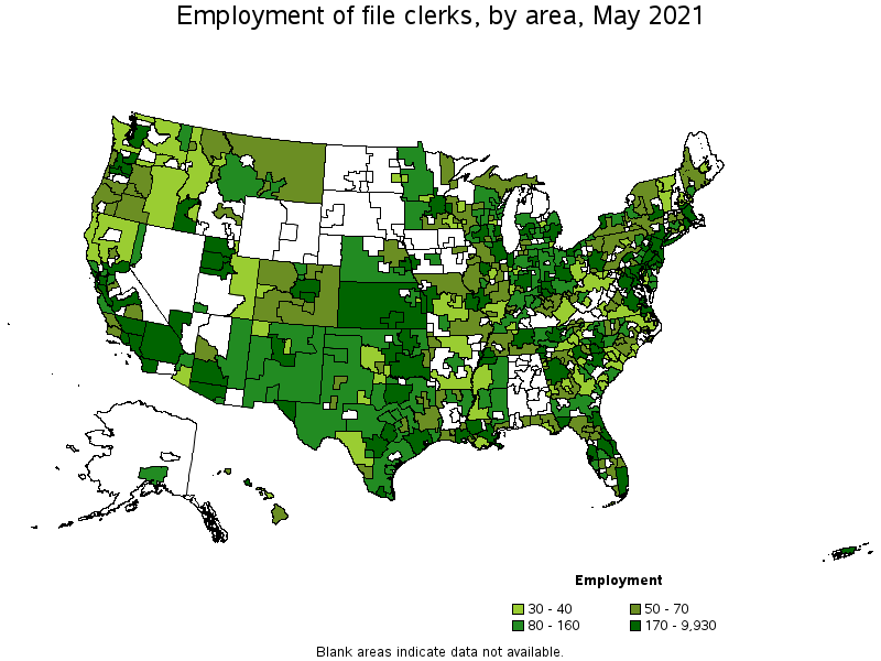 Map of employment of file clerks by area, May 2021