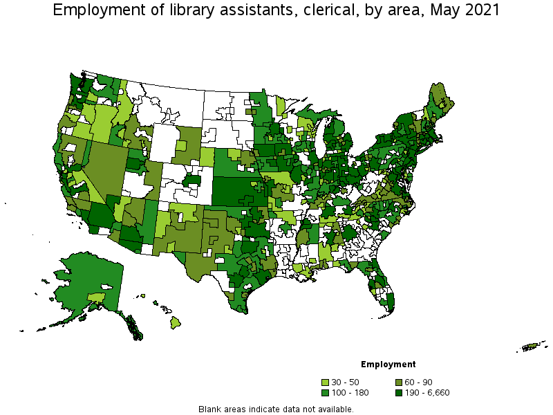 Map of employment of library assistants, clerical by area, May 2021