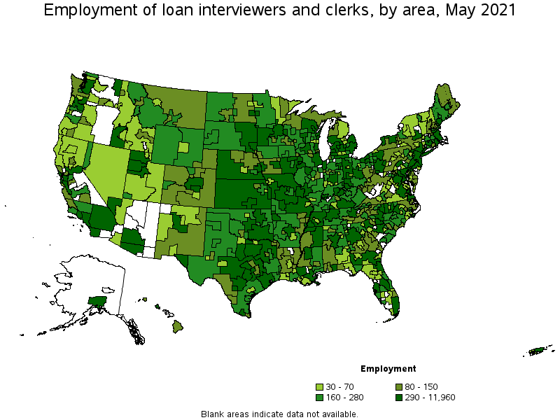 Map of employment of loan interviewers and clerks by area, May 2021