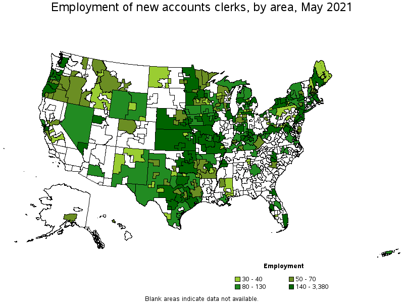 Map of employment of new accounts clerks by area, May 2021