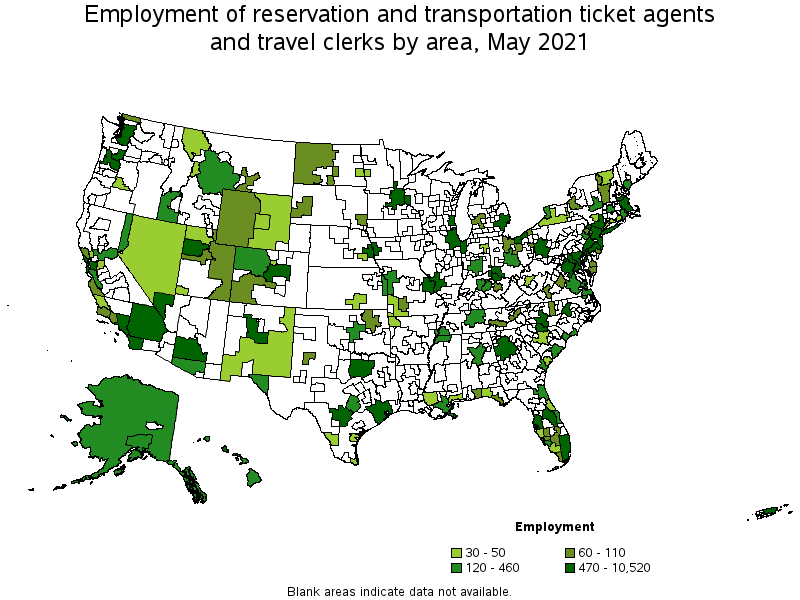 Map of employment of reservation and transportation ticket agents and travel clerks by area, May 2021