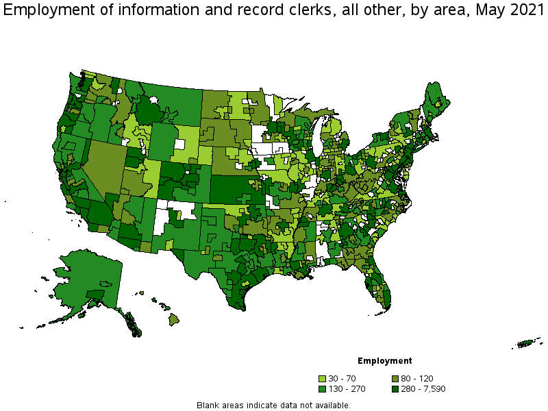 Map of employment of information and record clerks, all other by area, May 2021