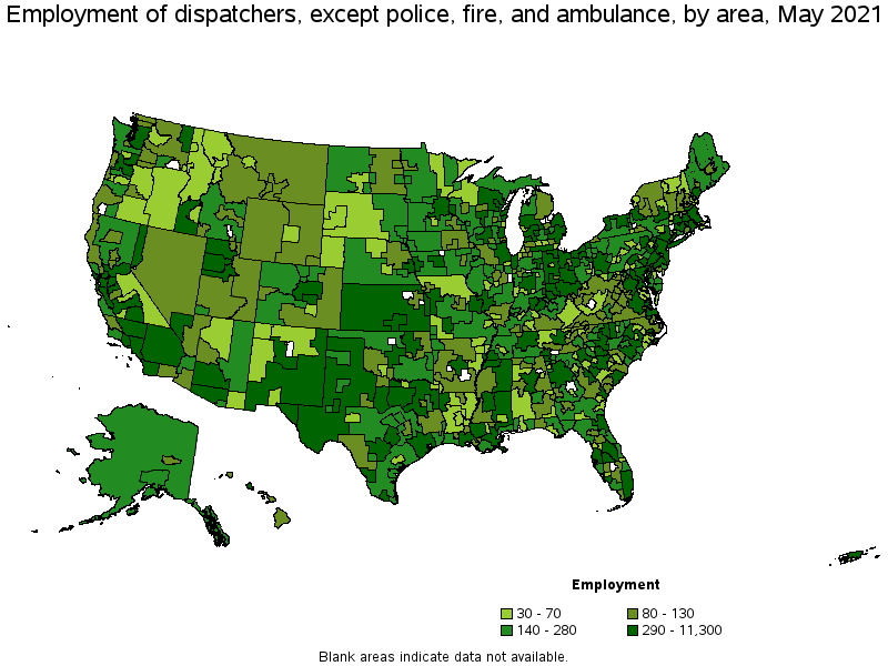 Map of employment of dispatchers, except police, fire, and ambulance by area, May 2021