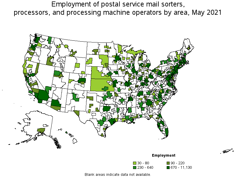 Map of employment of postal service mail sorters, processors, and processing machine operators by area, May 2021