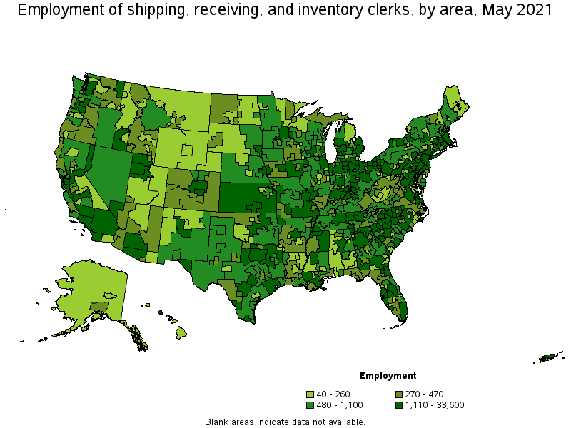 Map of employment of shipping, receiving, and inventory clerks by area, May 2021