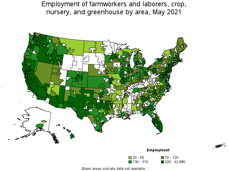 Map of employment of farmworkers and laborers, crop, nursery, and greenhouse by area, May 2021