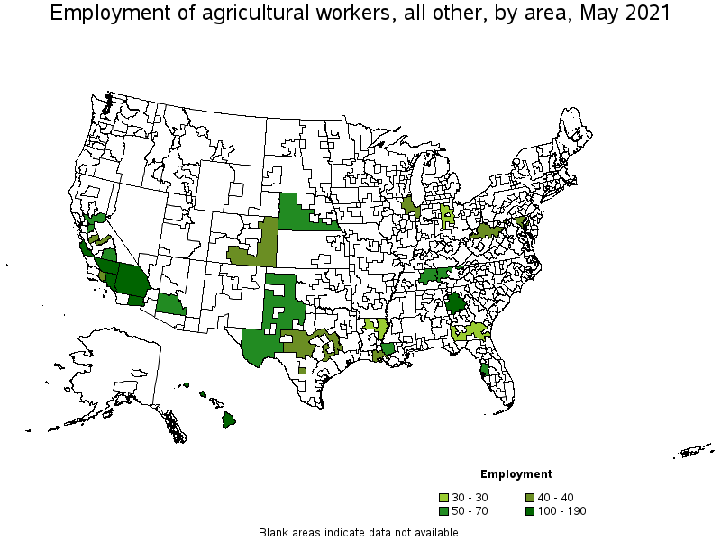 Map of employment of agricultural workers, all other by area, May 2021