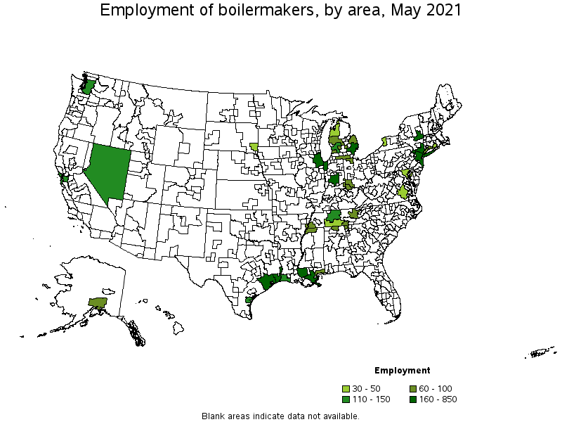 Map of employment of boilermakers by area, May 2021