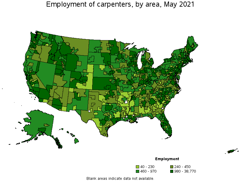 Map of employment of carpenters by area, May 2021