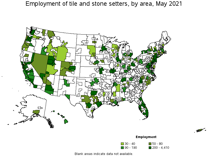 Map of employment of tile and stone setters by area, May 2021