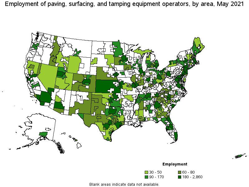 Map of employment of paving, surfacing, and tamping equipment operators by area, May 2021