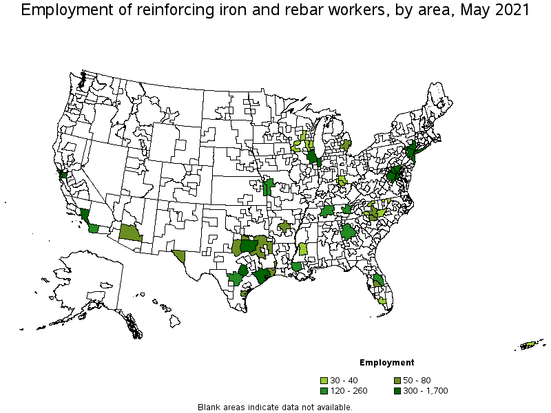 Map of employment of reinforcing iron and rebar workers by area, May 2021