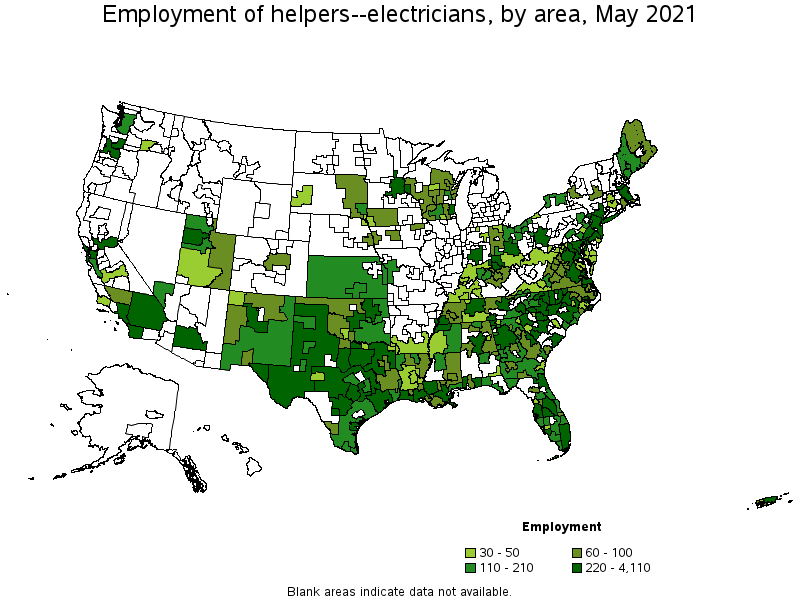 Map of employment of helpers--electricians by area, May 2021