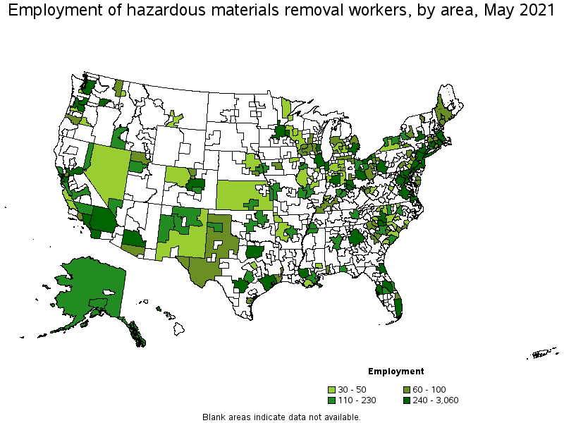 Map of employment of hazardous materials removal workers by area, May 2021