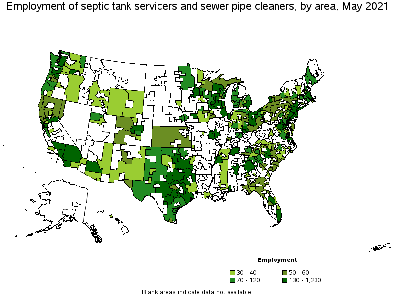 Map of employment of septic tank servicers and sewer pipe cleaners by area, May 2021