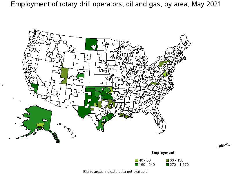 Map of employment of rotary drill operators, oil and gas by area, May 2021