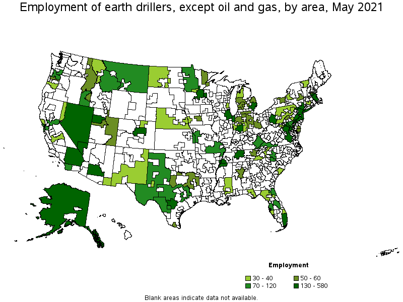 Map of employment of earth drillers, except oil and gas by area, May 2021