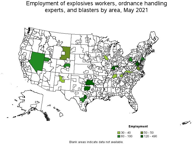 Map of employment of explosives workers, ordnance handling experts, and blasters by area, May 2021