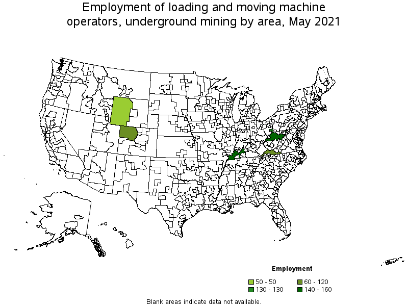 Map of employment of loading and moving machine operators, underground mining by area, May 2021