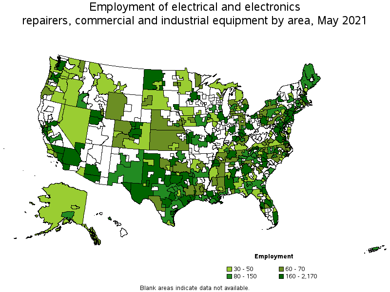 Map of employment of electrical and electronics repairers, commercial and industrial equipment by area, May 2021