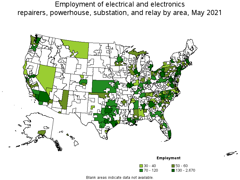 Map of employment of electrical and electronics repairers, powerhouse, substation, and relay by area, May 2021