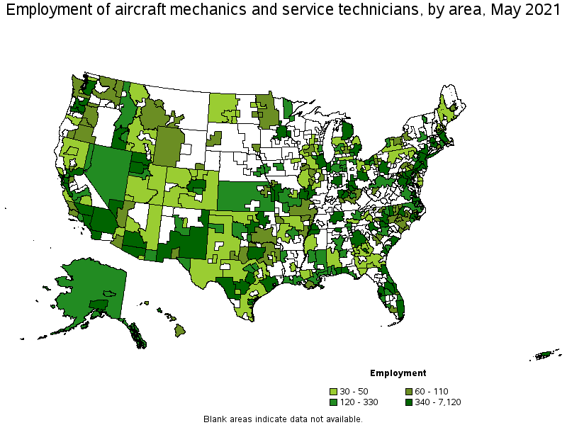 Map of employment of aircraft mechanics and service technicians by area, May 2021