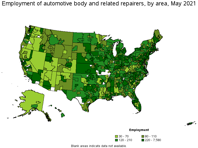 Map of employment of automotive body and related repairers by area, May 2021