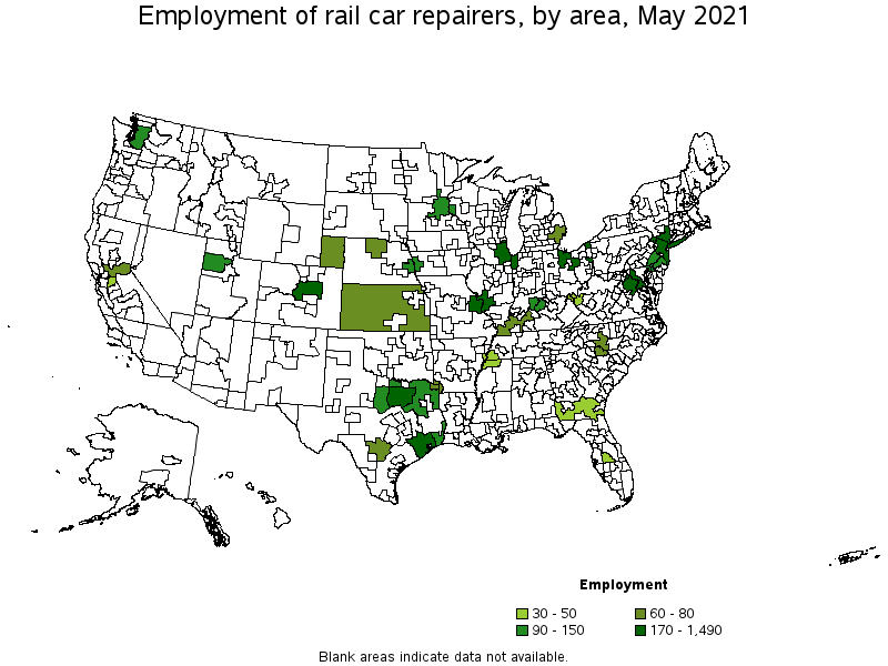 Map of employment of rail car repairers by area, May 2021