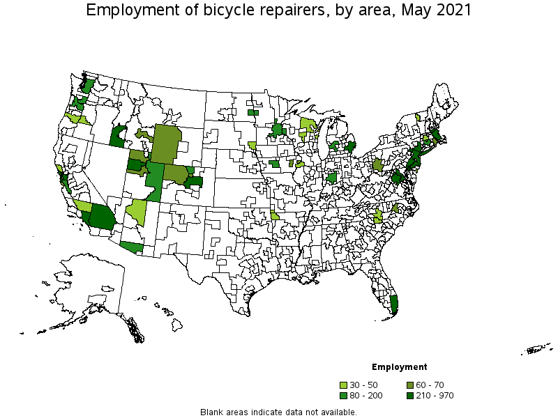 Map of employment of bicycle repairers by area, May 2021