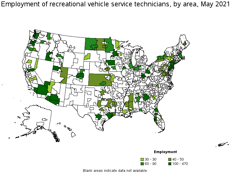 Map of employment of recreational vehicle service technicians by area, May 2021